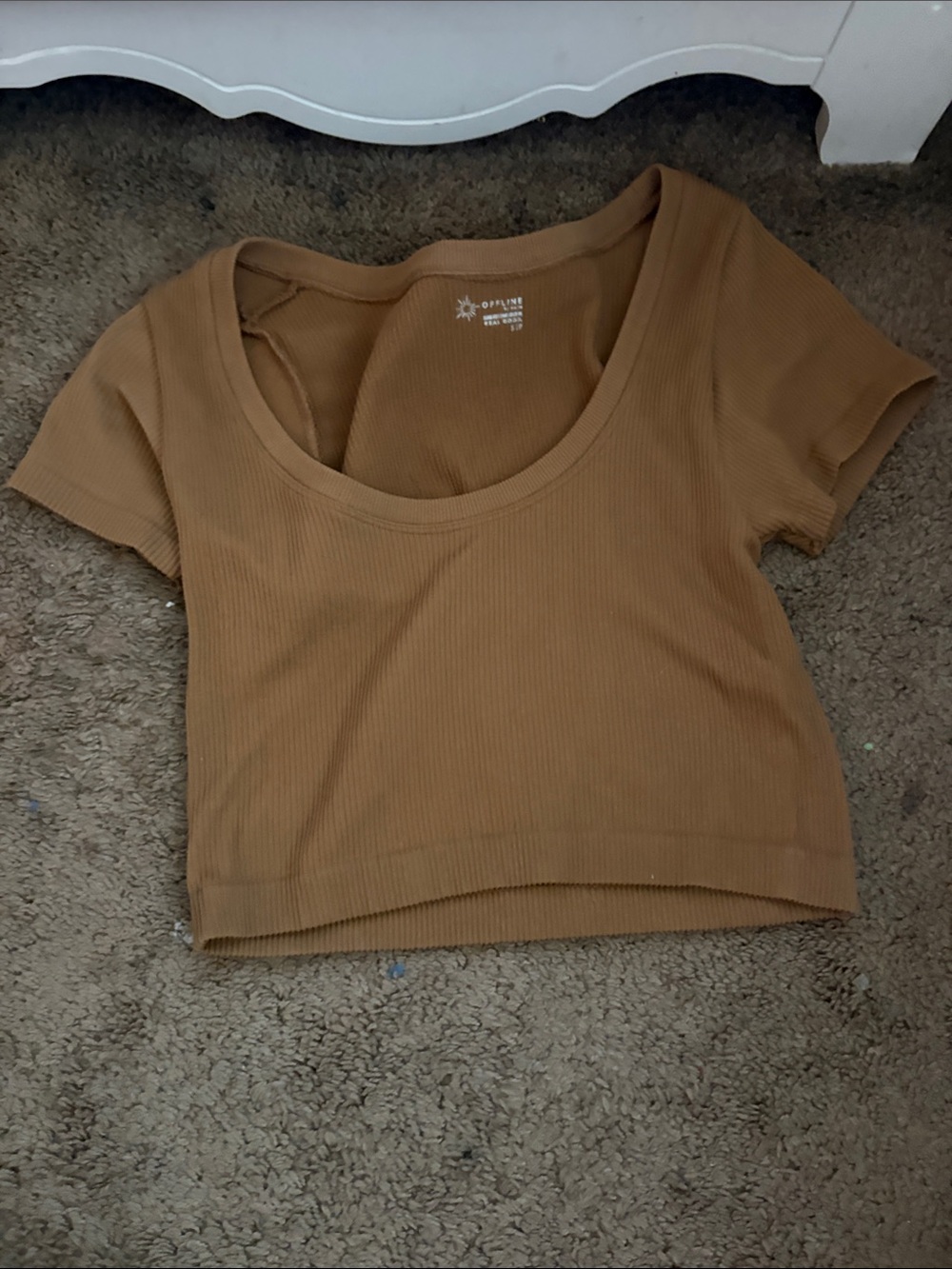 aerie Ribbed Scoop Crop Top in Tan